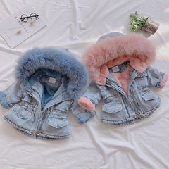 Winter Baby Girl Denim Jacket Plus Velvet Real Fur