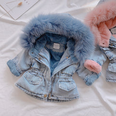 Winter Baby Girl Denim Jacket Plus Velvet Real Fur